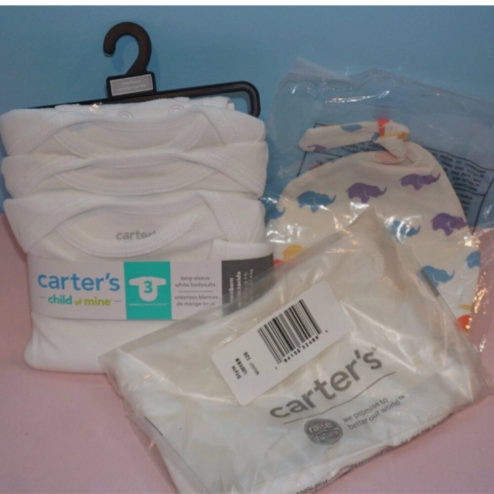 Gender-neutral baby clothes: Carter's bodysuits NB and 3 mo, baby top knot cap